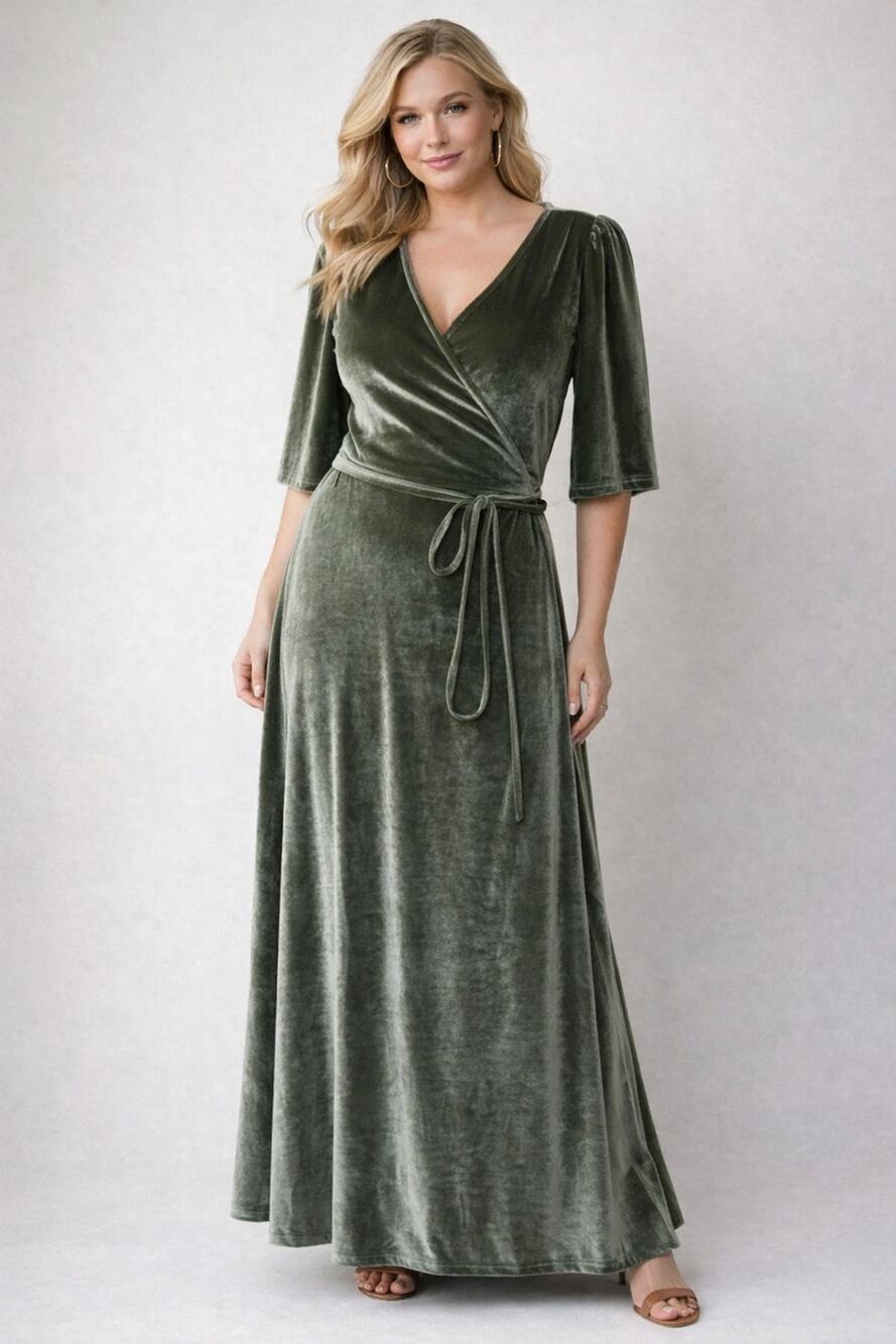 Baltic Born Wrap Maxi Dress Sage Green Velvet Neck Bridal Bridesmaid Medium